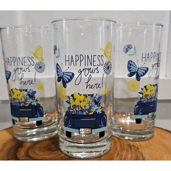 The Unbranded Brand Other - Vintage Set Of 3 "Happiness Grows Here" Drinking Tumbler Glasses Tall 16oz